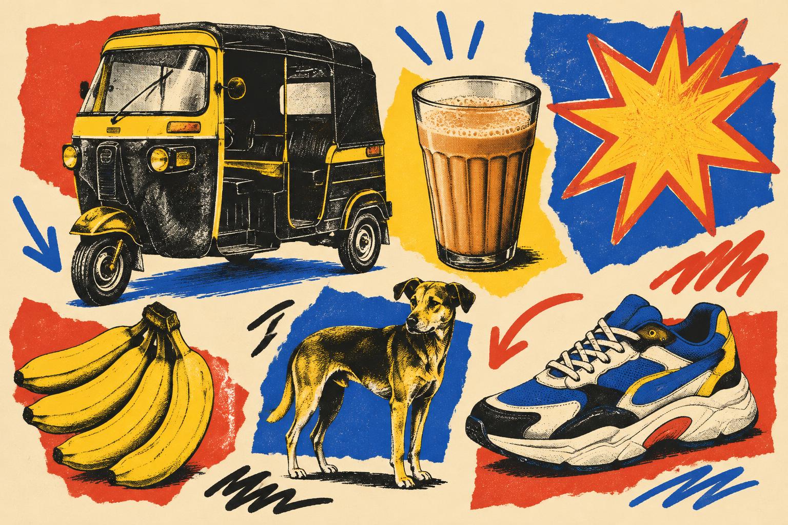 Collage of an auto rickshaw, chai, sneaker, bananas and a street dog